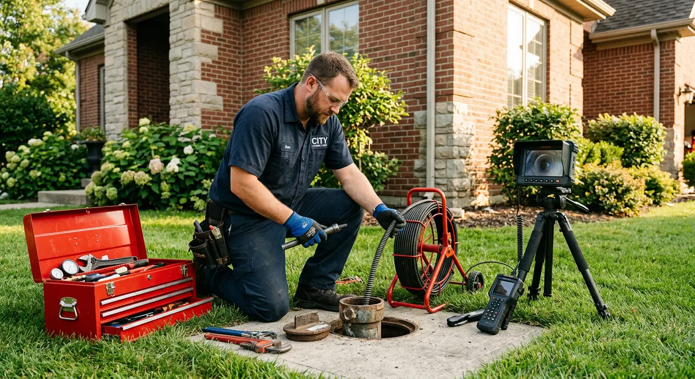 Sewer specialist with camera equipment servicing a cleanout in Griswold