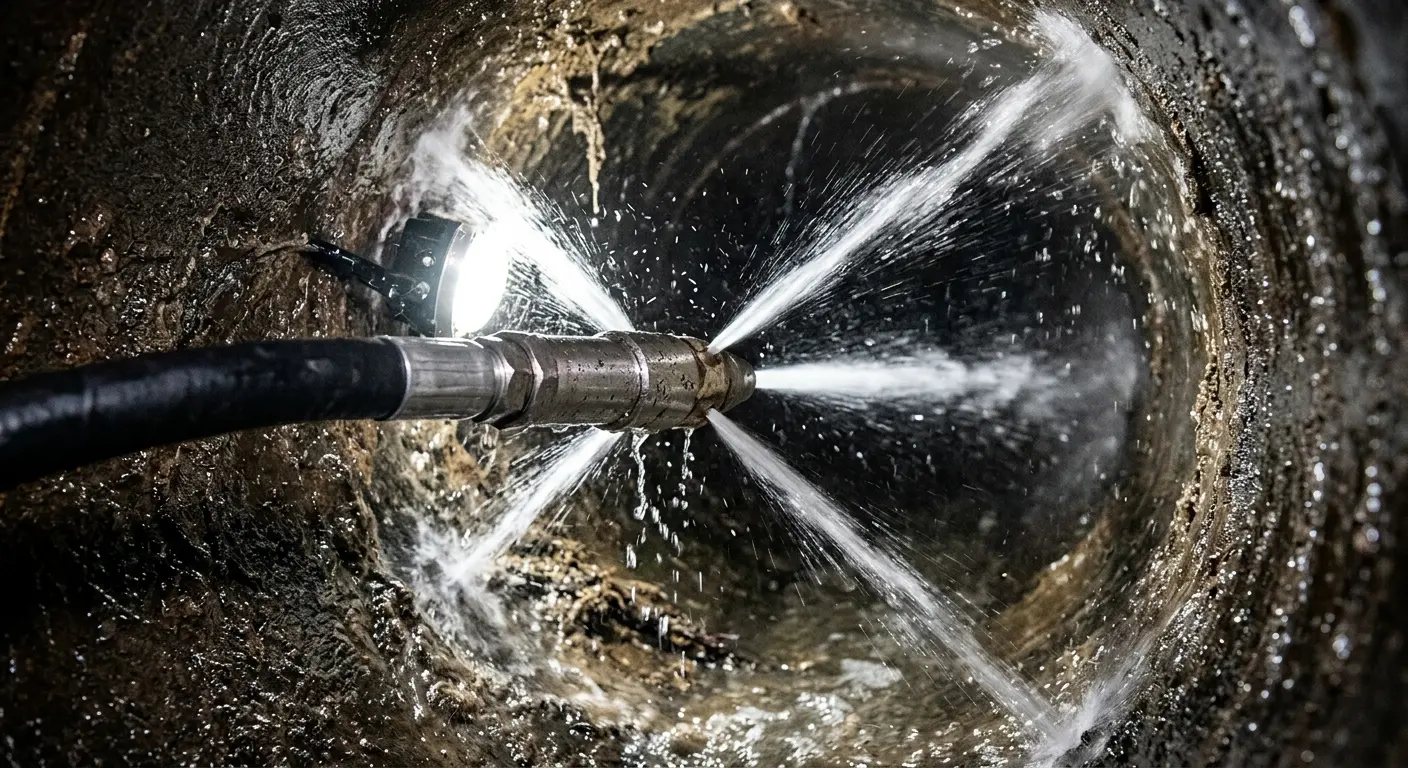 High-pressure hydro jetting nozzle cleaning sewer pipe for Emergency Drain Service in Griswold