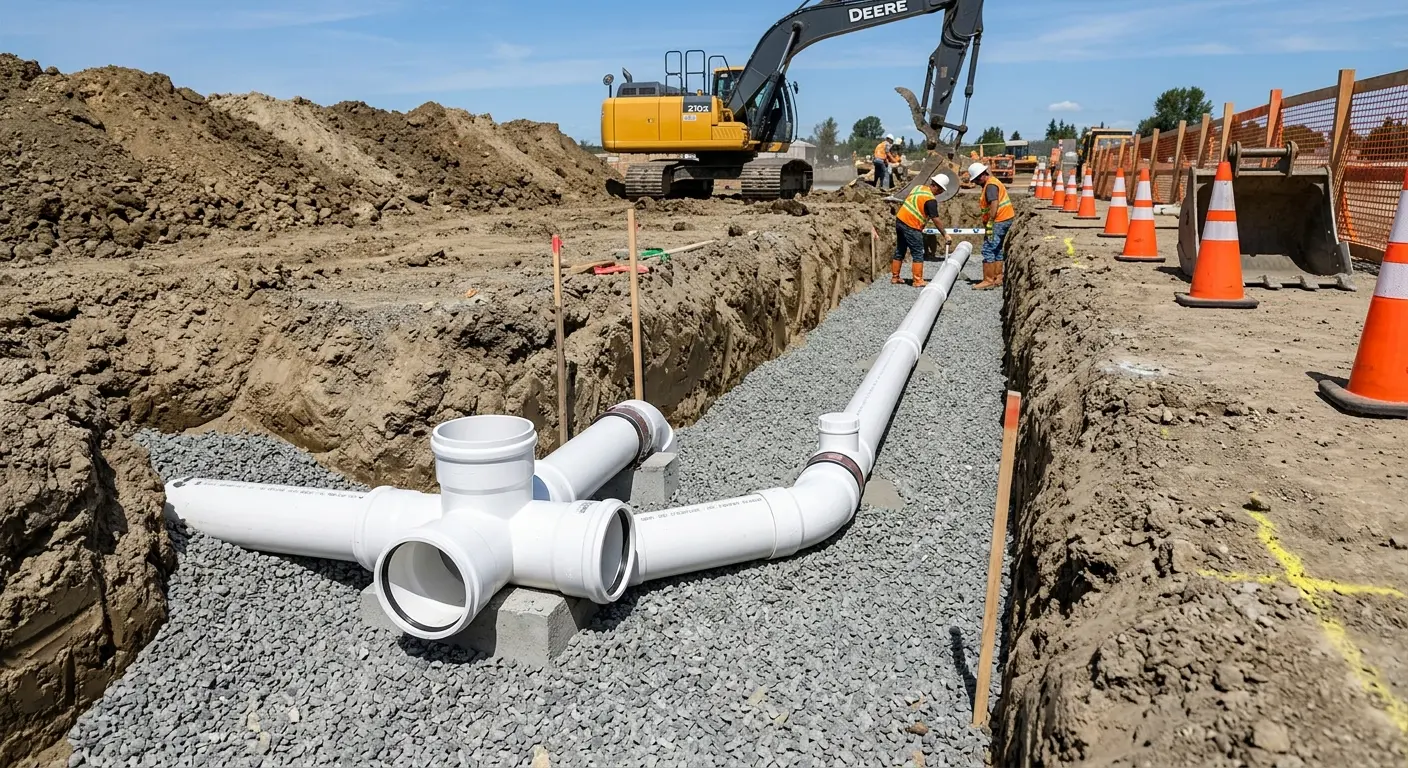 New PVC sewer pipe installation in open trench for Sewer Camera Inspection in Griswold