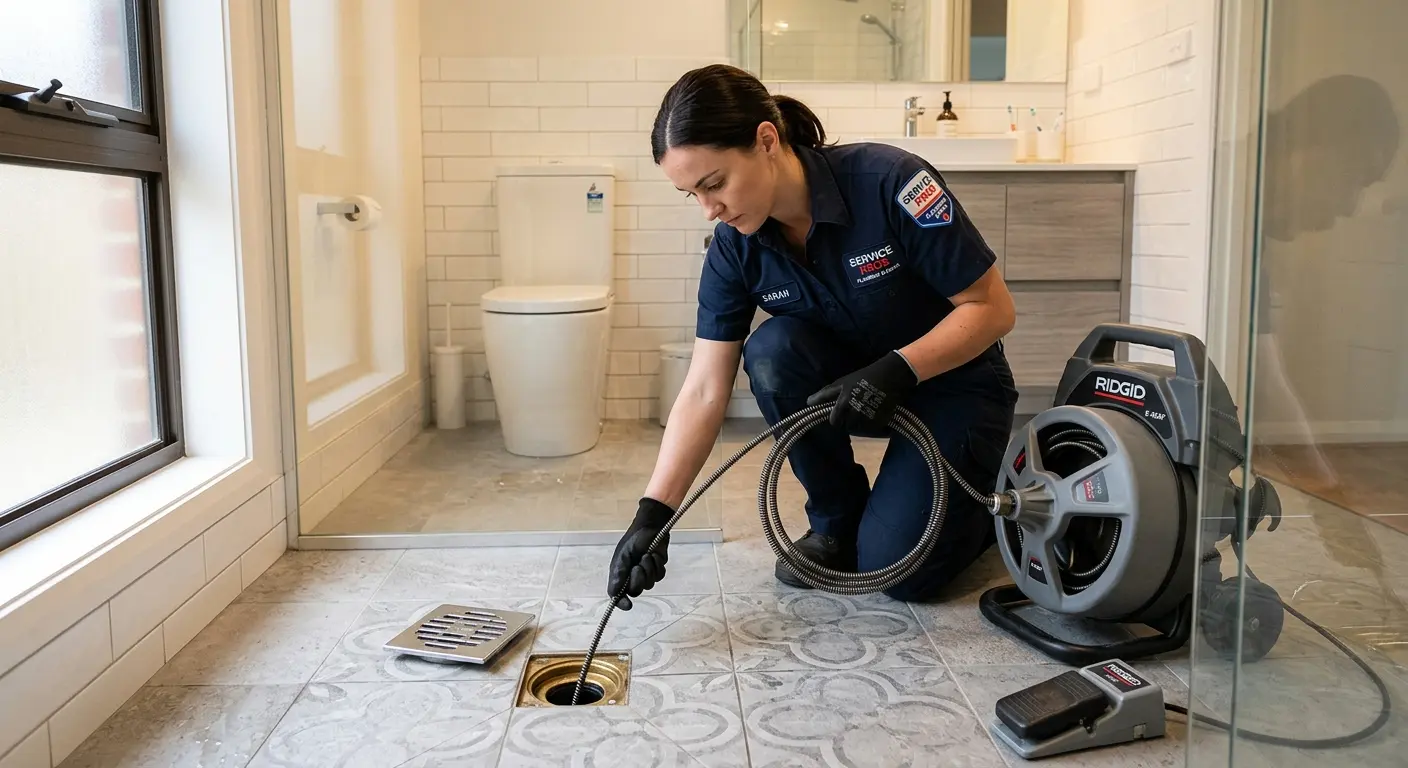 Technician clearing a bathroom floor drain for Sewer Line Installation in Griswold